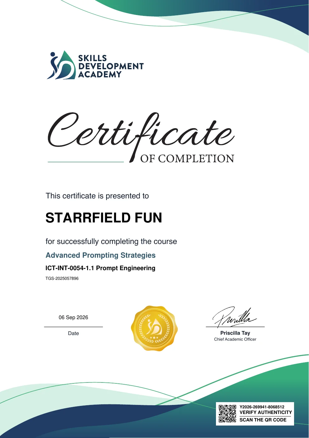 Preview of Advanced Prompting Strategies certificate issued to Starrfield Fun by Skills Development Academy