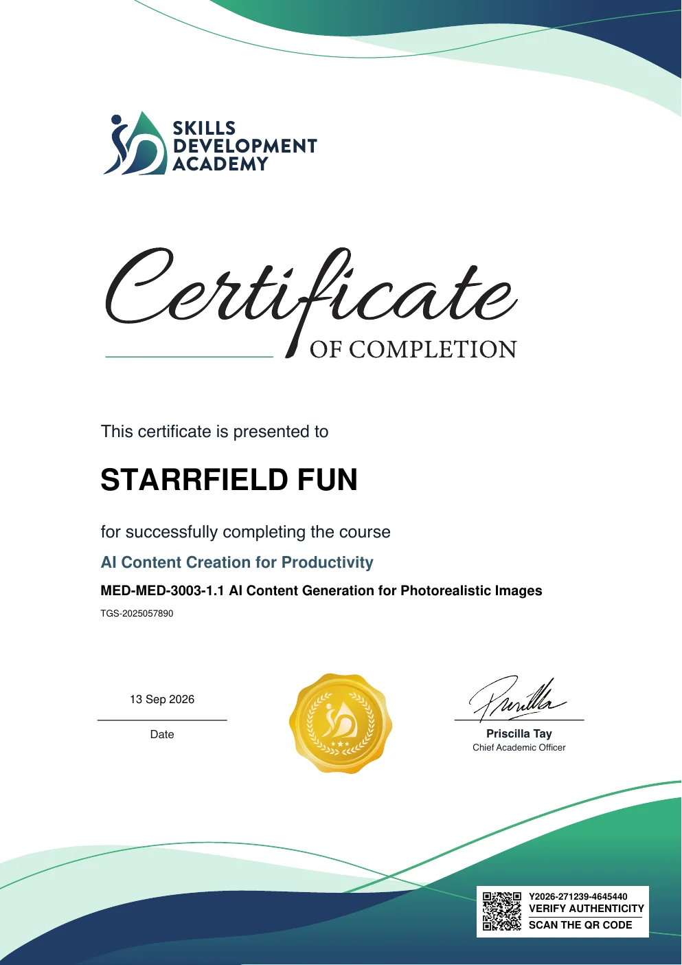Preview of AI Content Creation for Productivity certificate issued to Starrfield Fun by Skills Development Academy