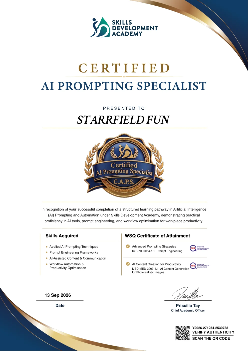 Preview of Certified AI Prompting Specialist certificate issued to Starrfield Fun by Skills Development Academy