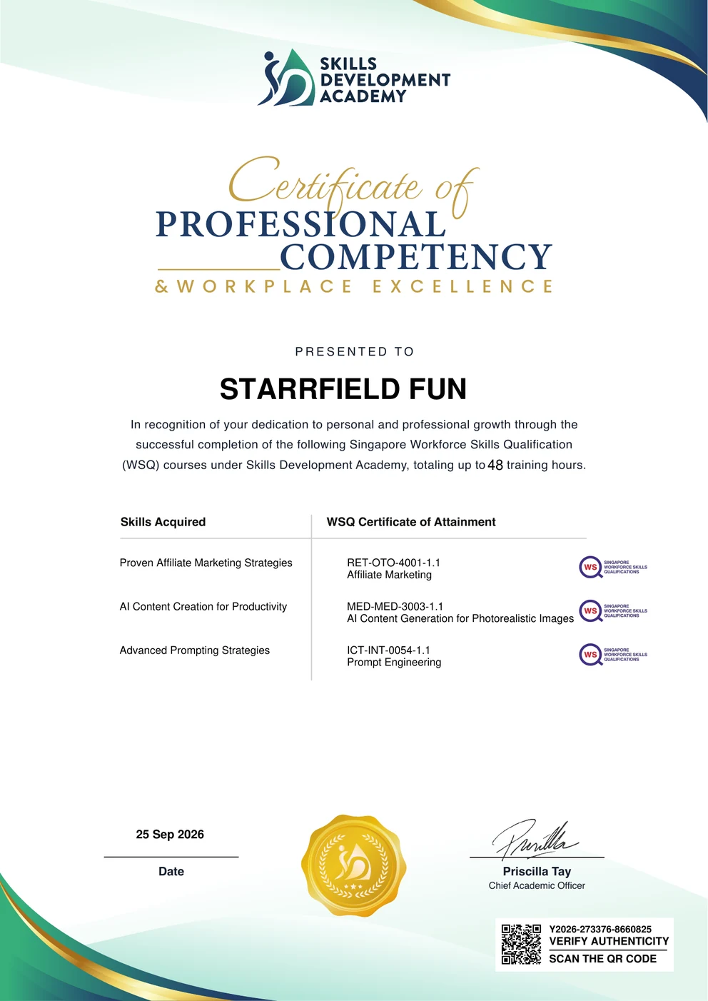 Preview of Professional Competency and Workplace Excellence certificate issued to Starrfield Fun by Skills Development Academy
