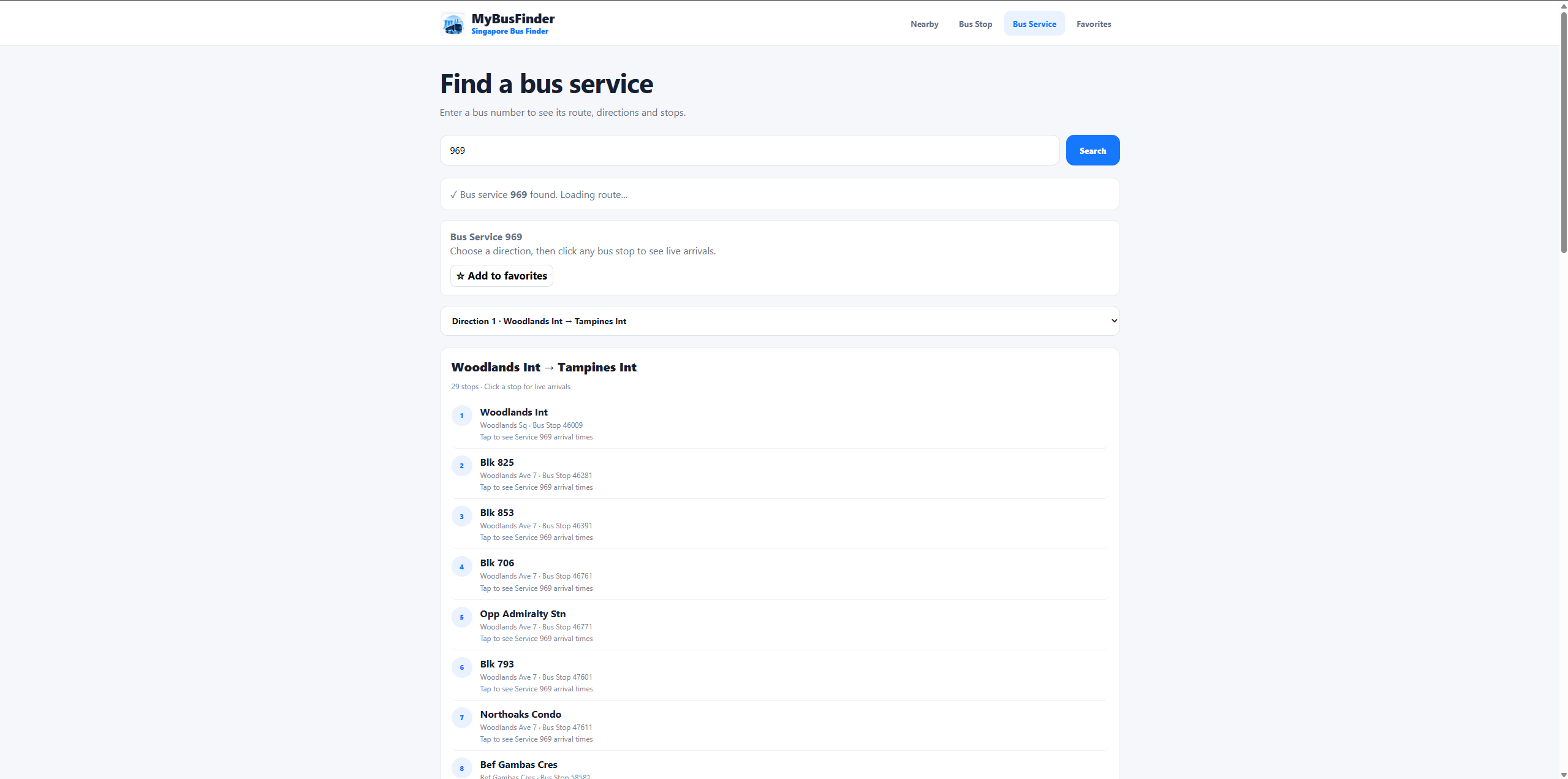 MyBusFinder bus service search desktop screen