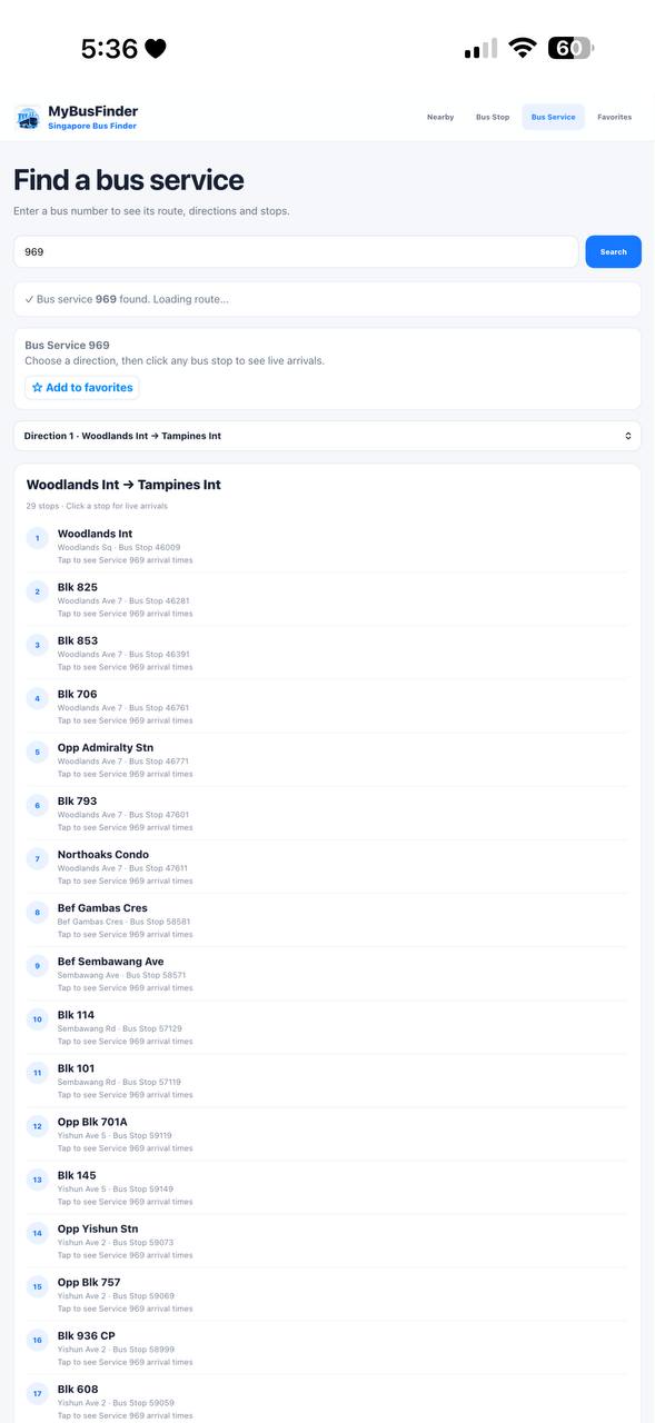 MyBusFinder bus service search mobile screen