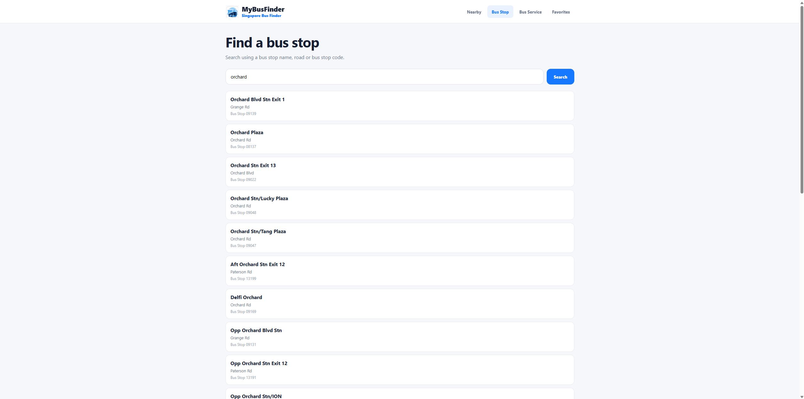 MyBusFinder bus stop search desktop screen