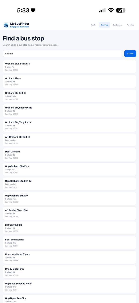 MyBusFinder bus stop search mobile screen