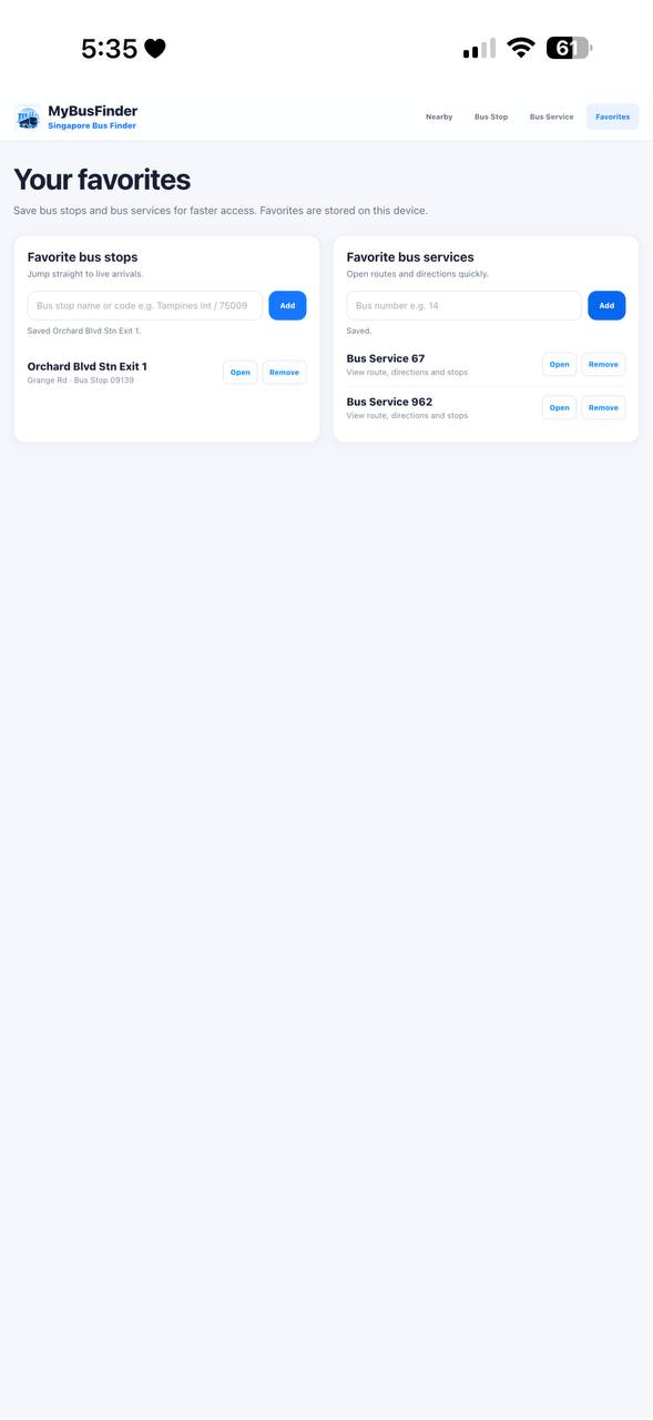 MyBusFinder favourites mobile screen