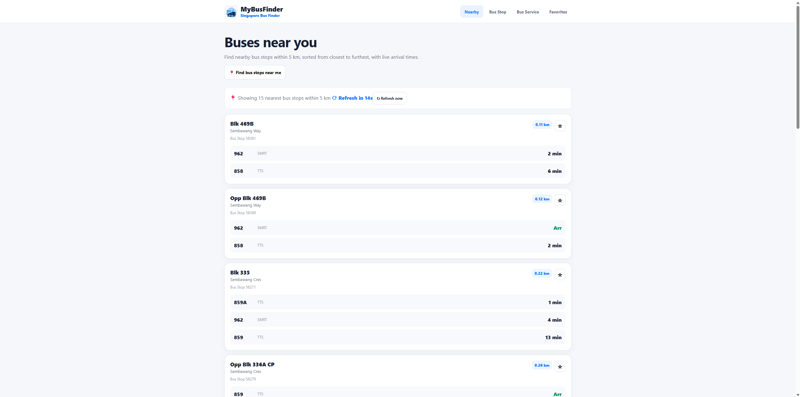 MyBusFinder nearby buses desktop interface
