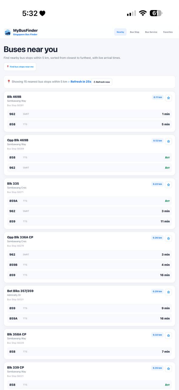MyBusFinder nearby buses mobile screen