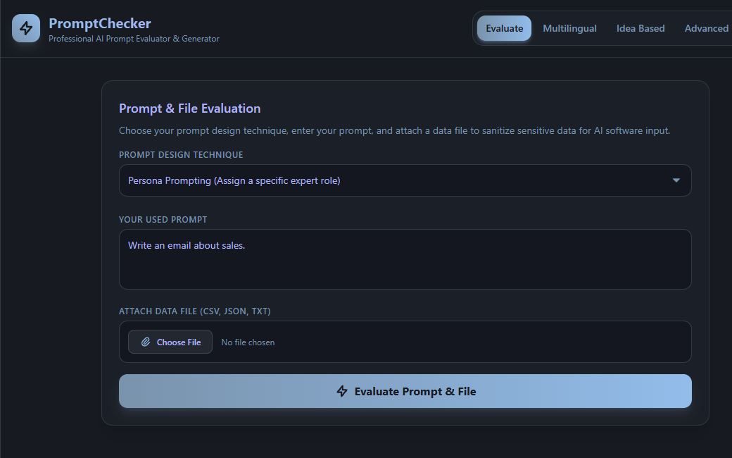 PromptChecker AI prompt evaluation interface