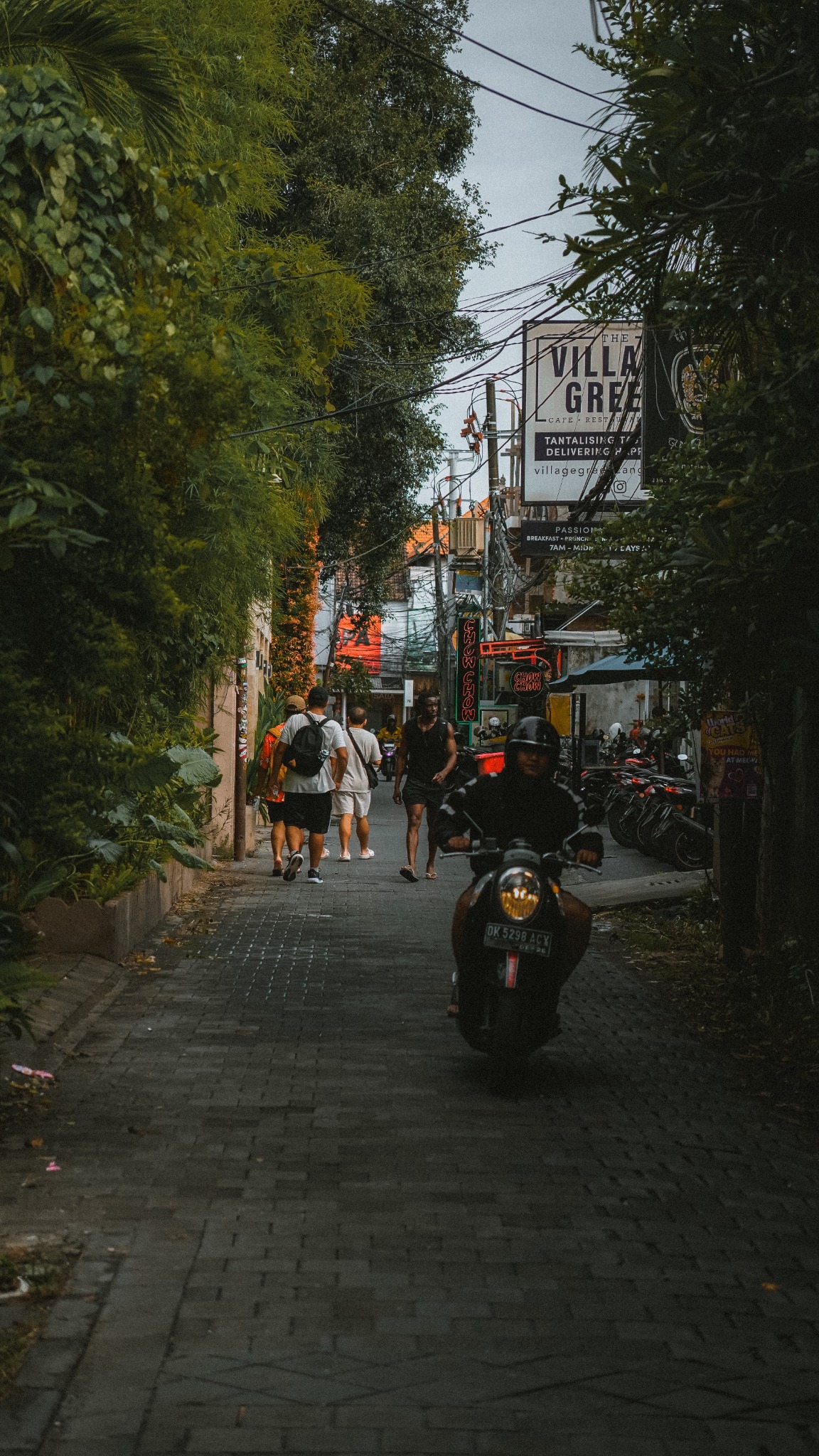 Scooter rider and pedestrians moving through a leafy urban street