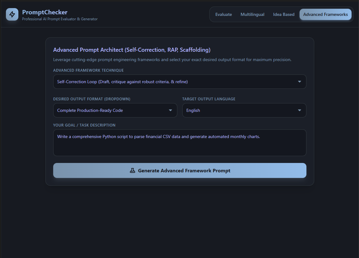 PromptChecker advanced framework page