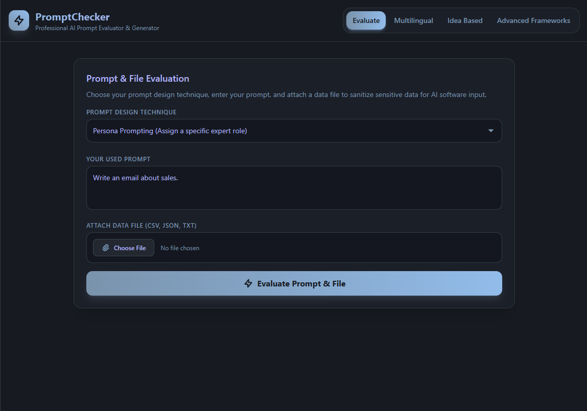PromptChecker AI prompt evaluation interface