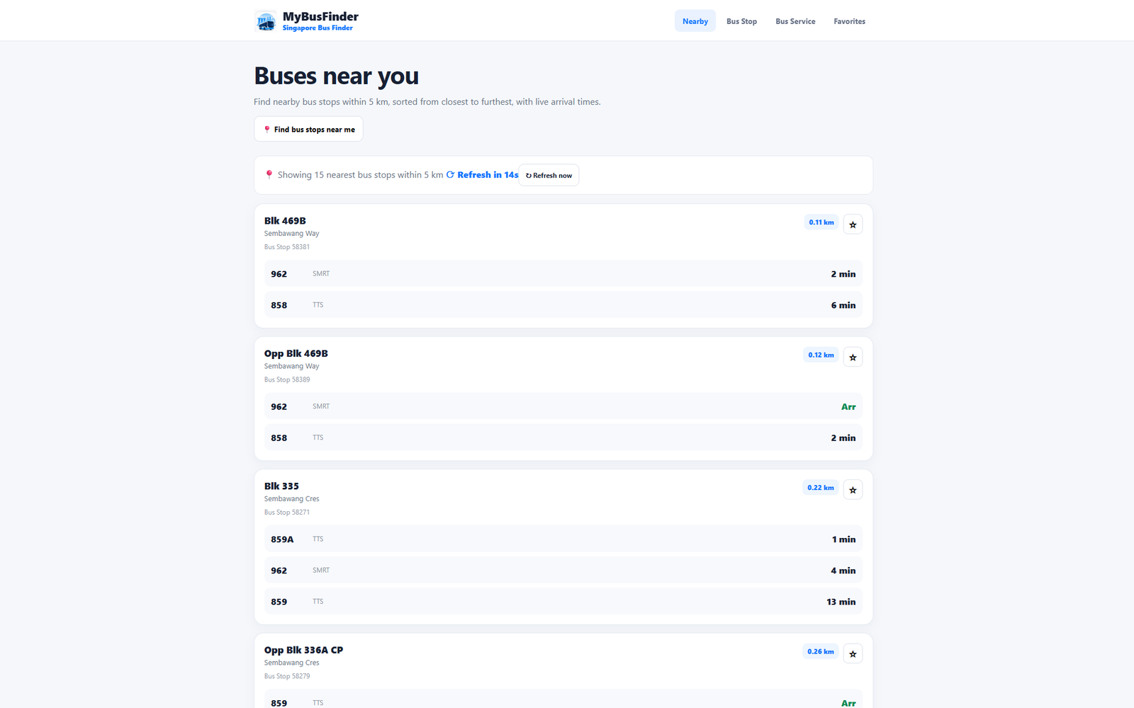 MyBusFinder nearby buses desktop interface