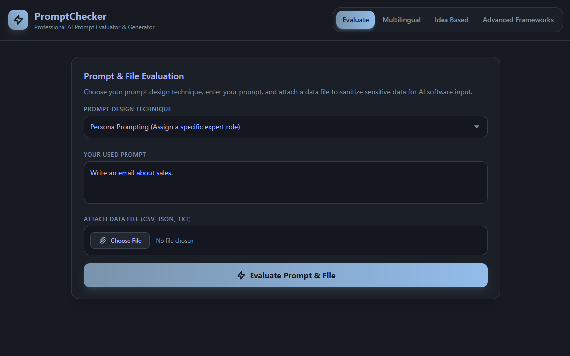 PromptChecker AI prompt evaluator interface